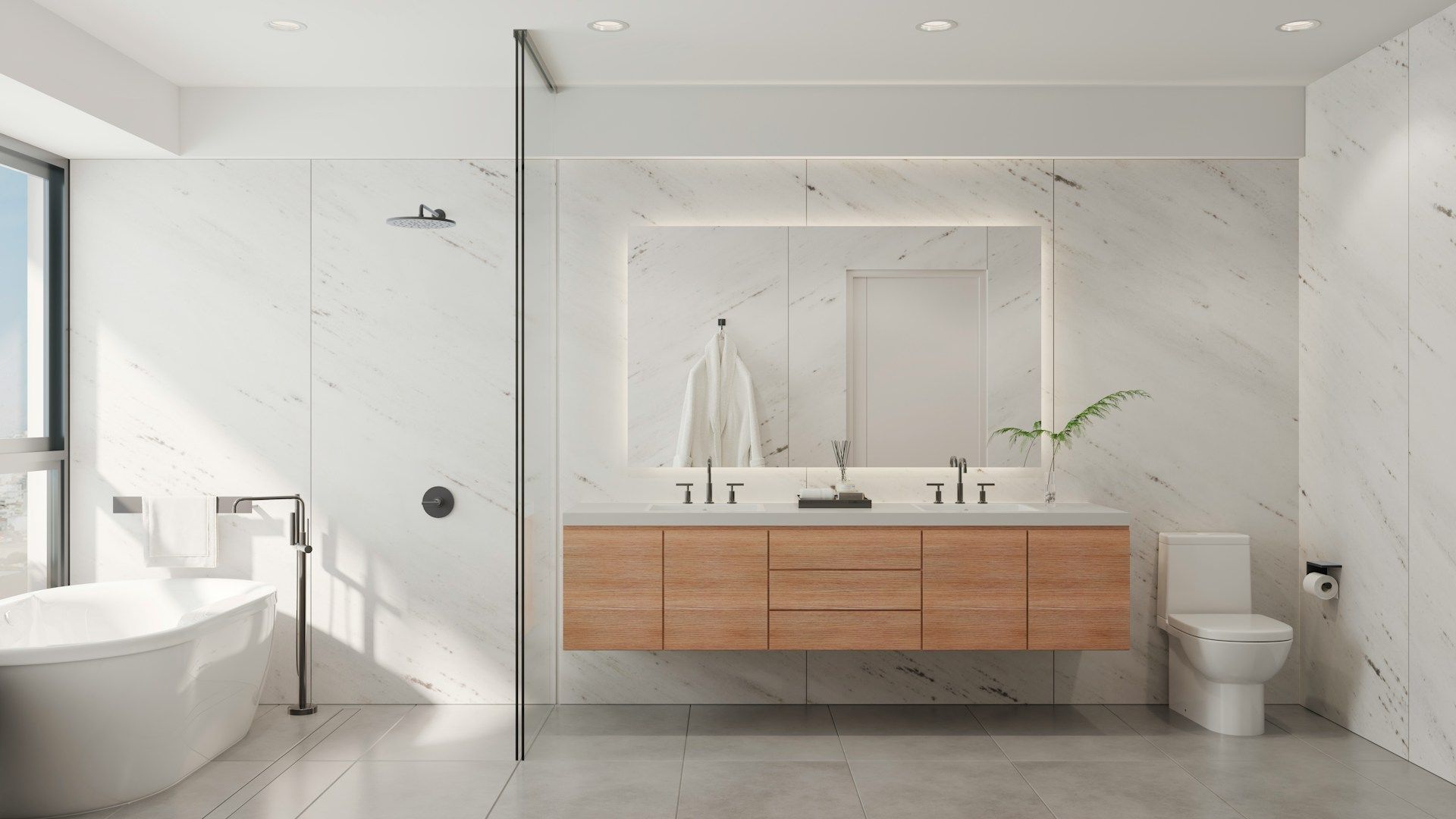 Spa-like primary bath featuring a custom double vanity